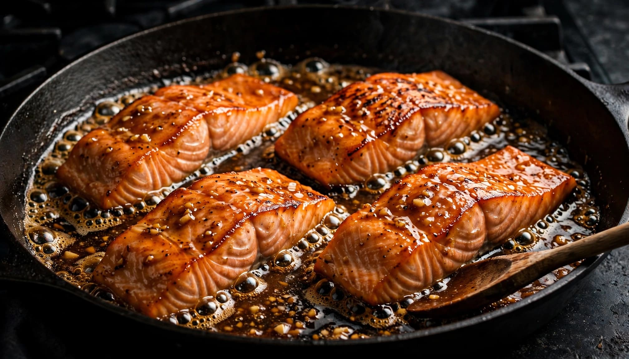 Four glazed salmon fillets sear in a skillet beside a wooden spoon.