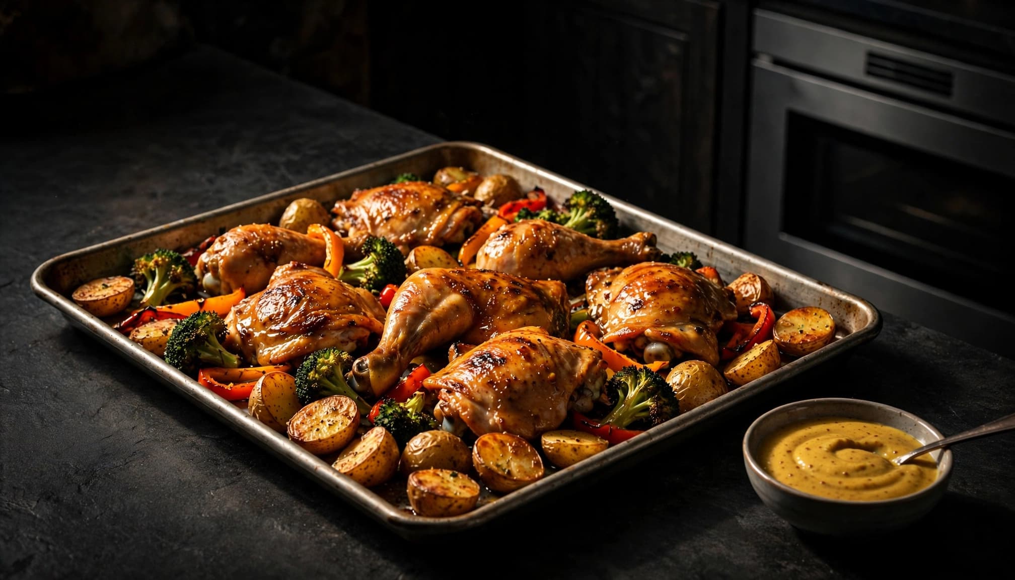 Sheet pan with honey mustard chicken, broccoli, potatoes, peppers, and sauce.