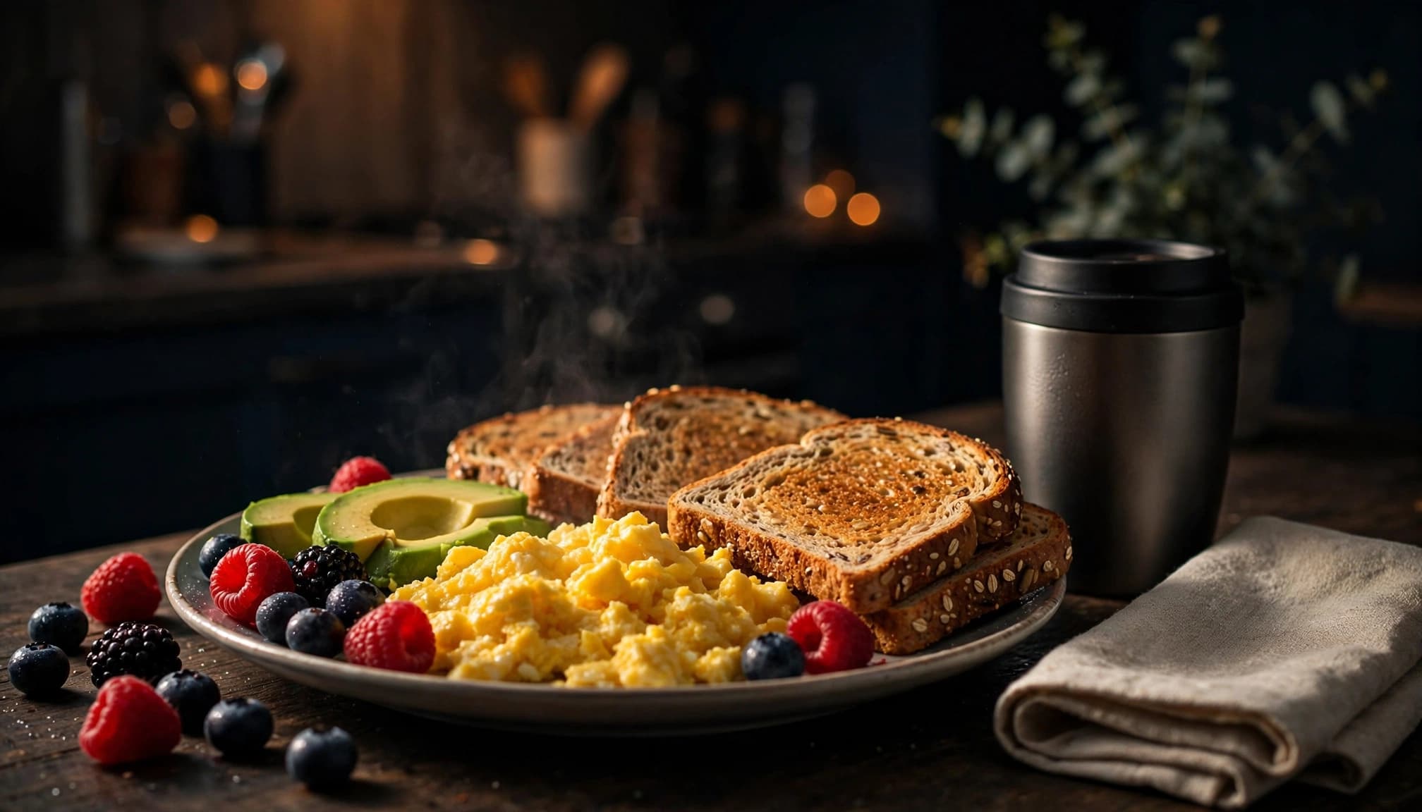 A breakfast plate with eggs, toast, avocado, berries, a travel mug, and napkin.