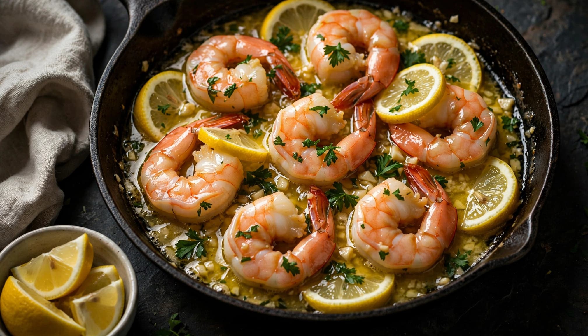 A skillet of pink shrimp in lemon garlic butter with parsley and lemon slices.