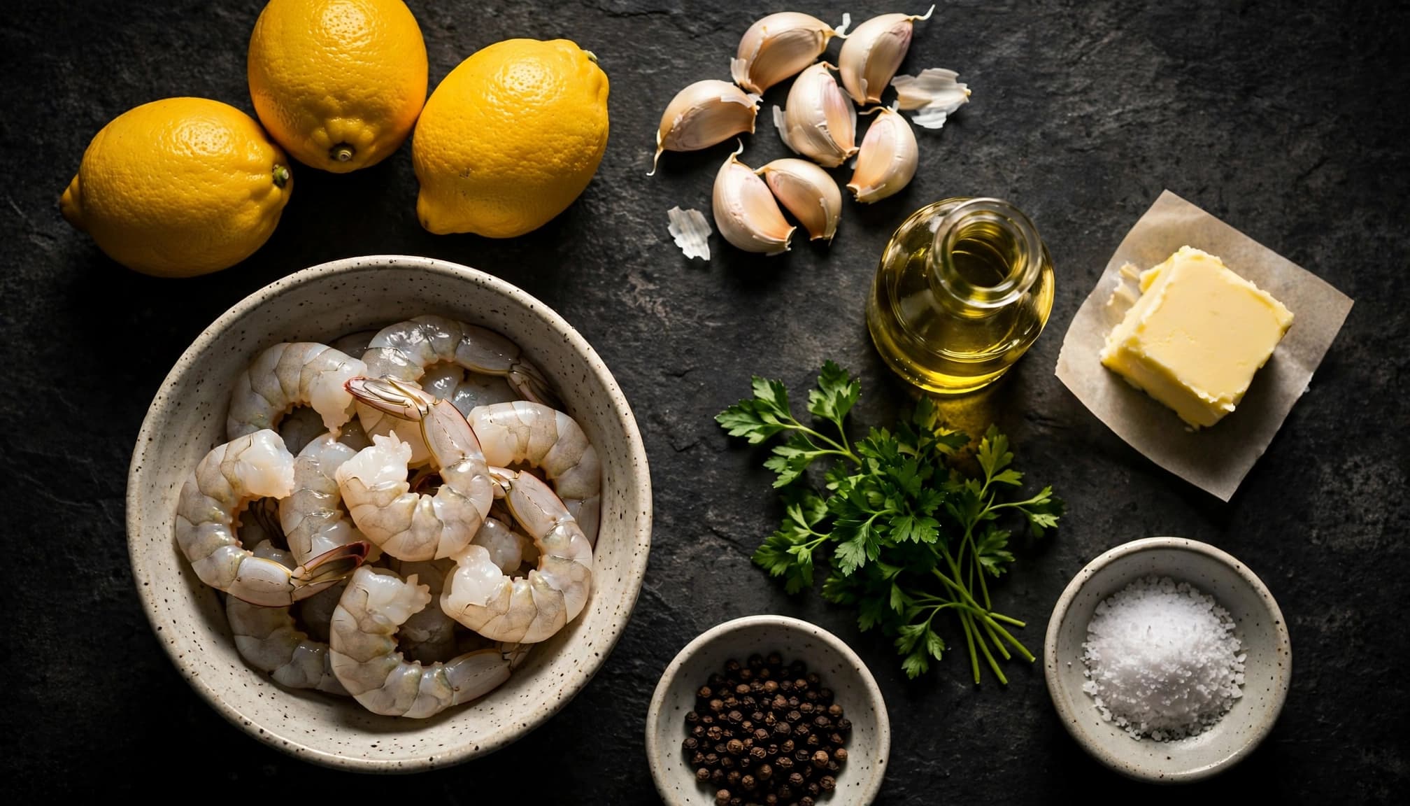 A bowl of peeled shrimp surrounded by lemons, garlic, butter, oil, and herbs on a dark counter.