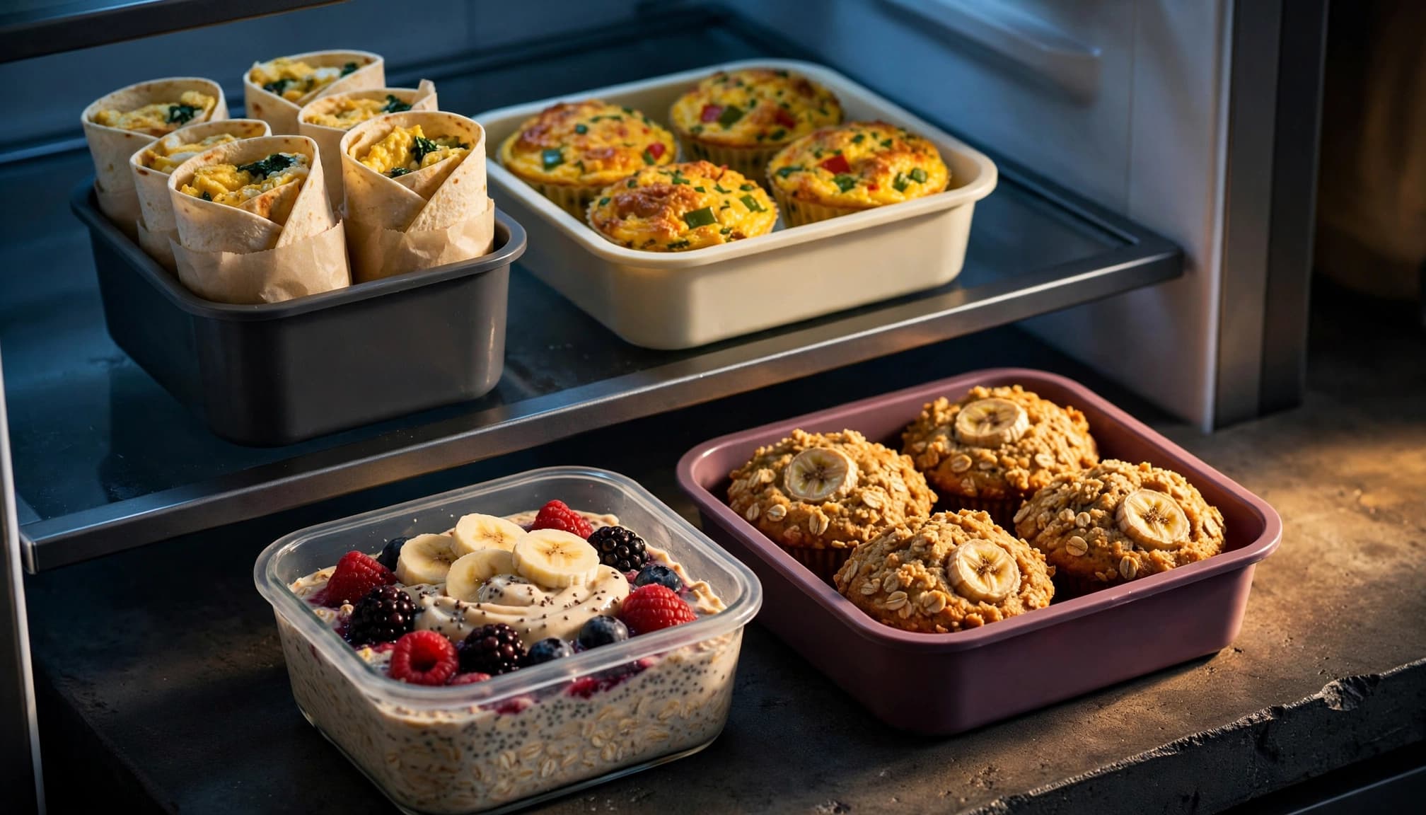 Portioned breakfast burritos, egg muffins, oats, and muffins arranged in containers.