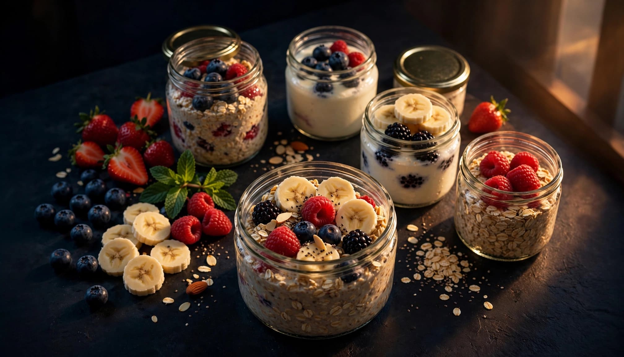 Breakfast jars with oats, yogurt, berries, and banana on a warm kitchen counter.