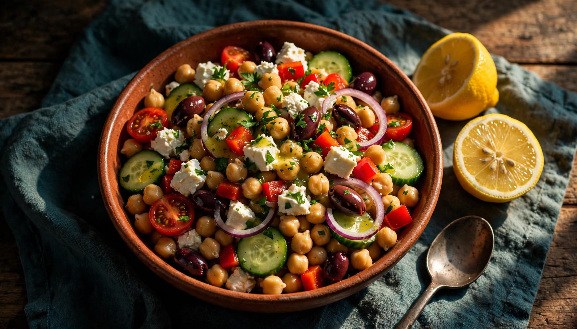 Colorful chickpea salad with feta and vegetables on a sunlit rustic table.