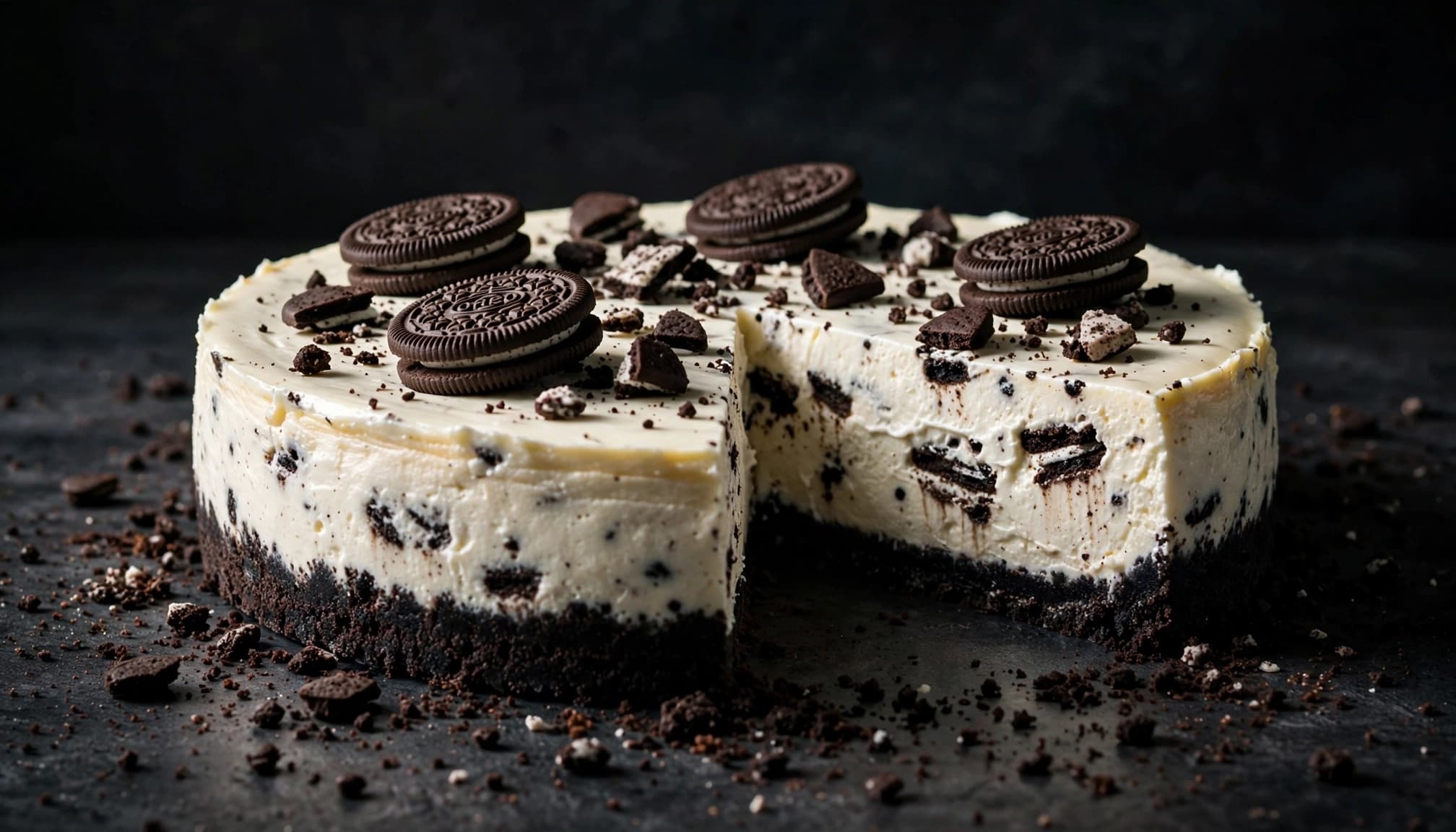 Finished Oreo cheesecake with a dark crust, creamy filling, and cookies on top.