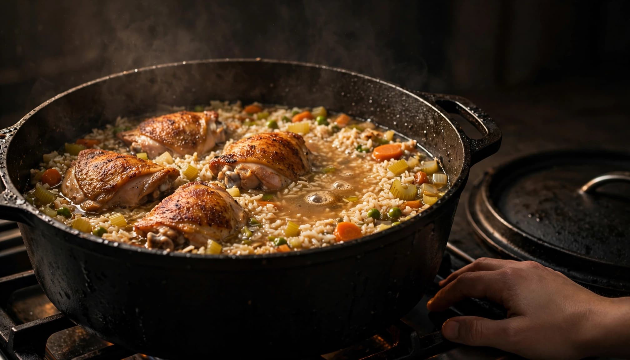 Chicken, vegetables, rice, and broth combine in a Dutch oven on the stove.