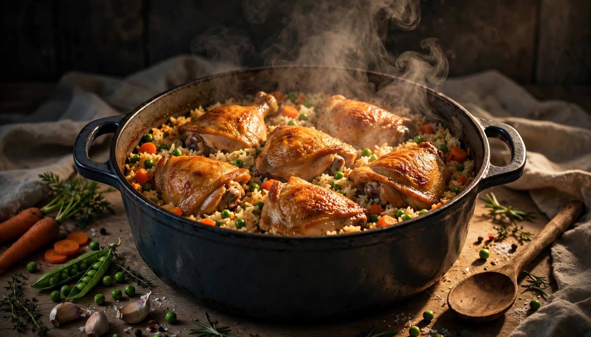 Dutch oven filled with browned chicken, rice, carrots, and peas in a warm kitchen.