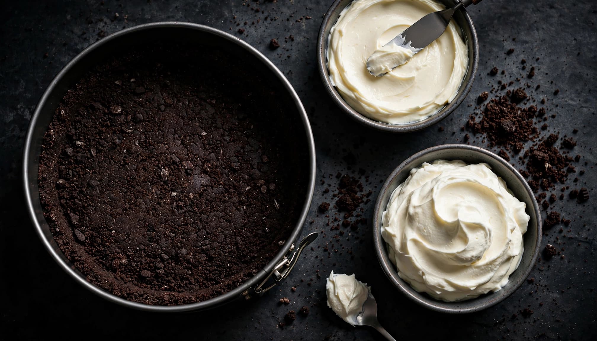 Springform pan with Oreo crust beside bowls of cheesecake filling and whipped cream.