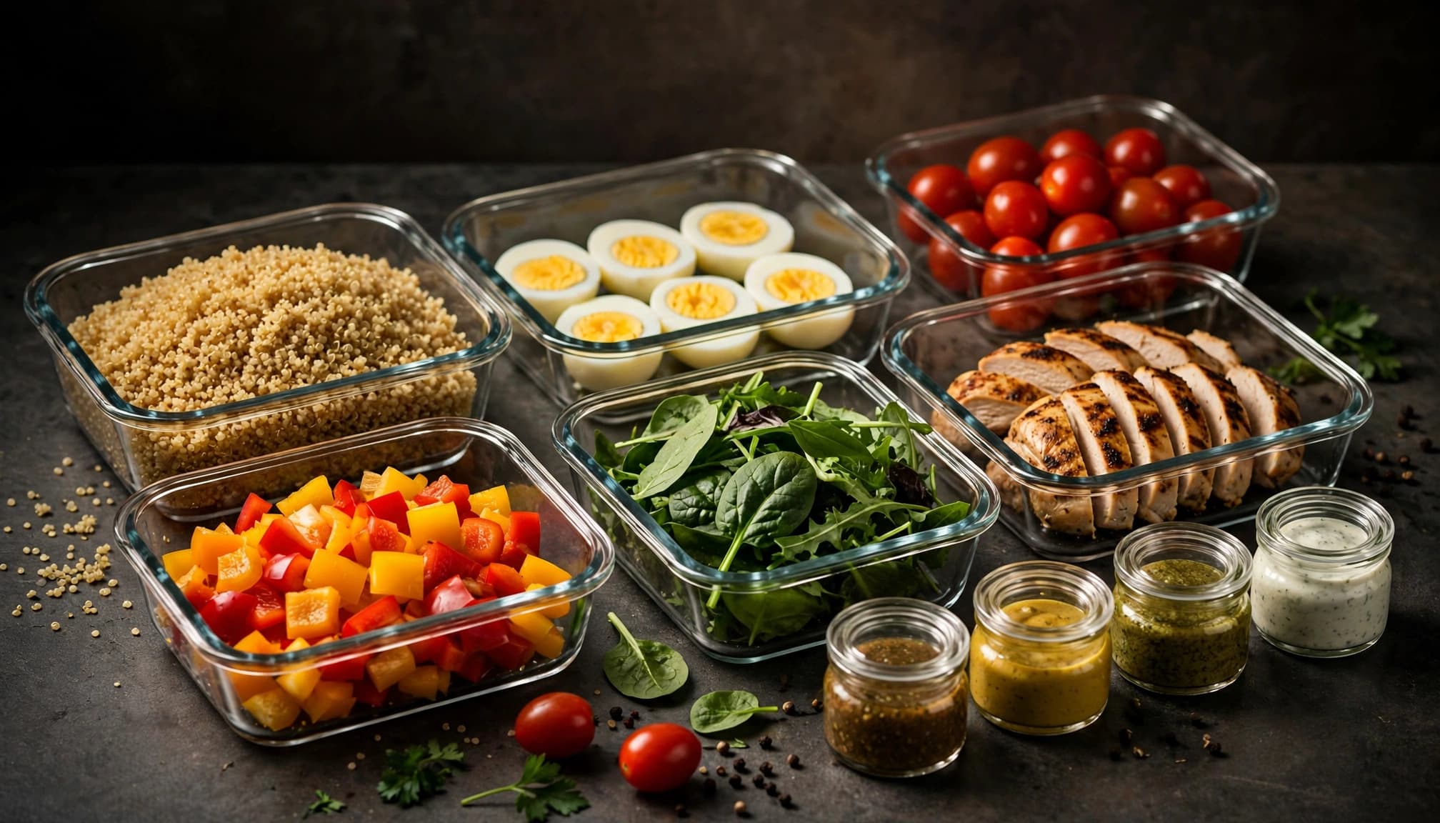 Glass containers hold prepared quinoa, chicken, eggs, vegetables, greens, and sauces.