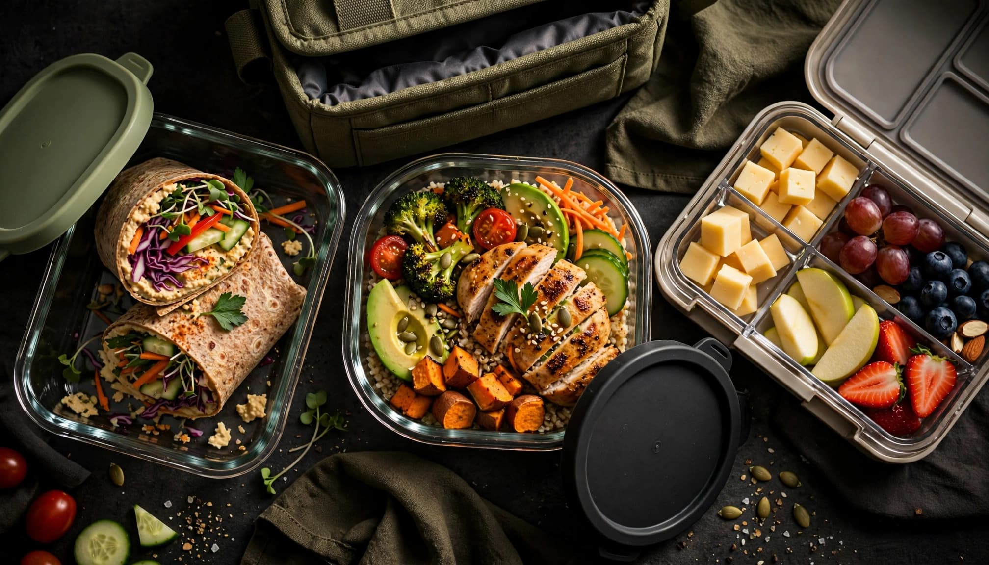 Three packed lunches, including a wrap, grain bowl, and fruit and cheese box, on a kitchen table.