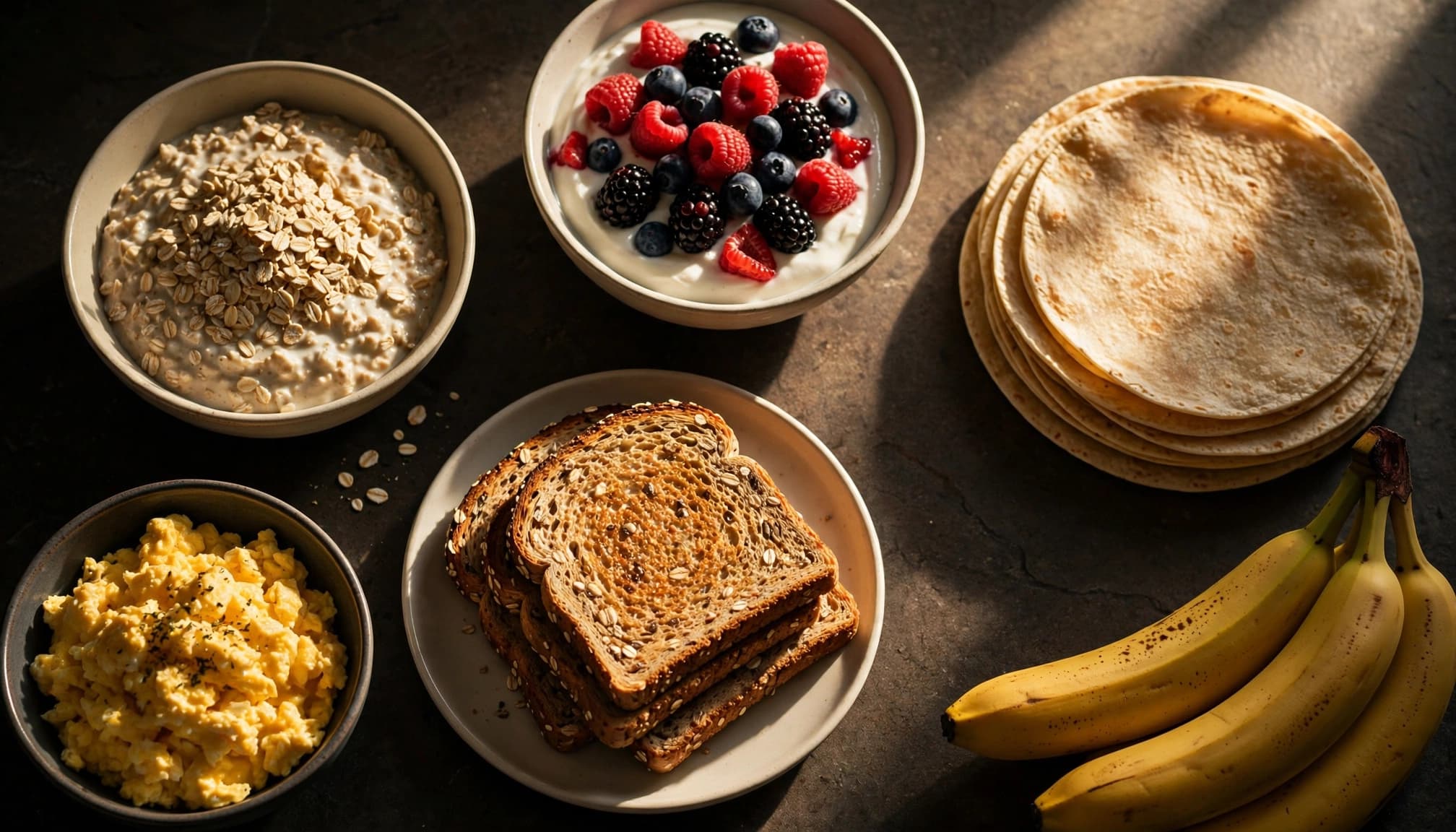 Breakfast foods arranged on a warmly lit kitchen counter.