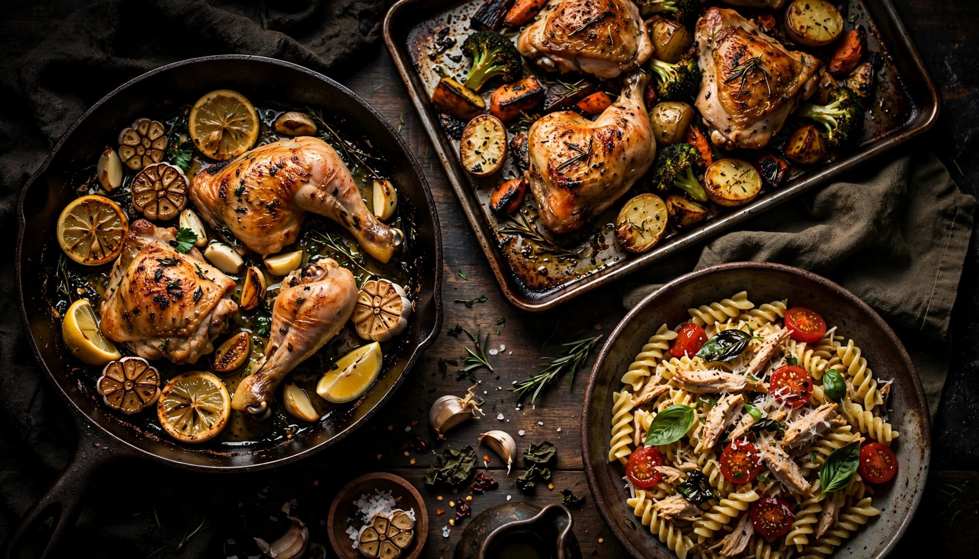 Three chicken dinners arranged on a rustic table, including skillet chicken, roasted vegetables, and chicken pasta.