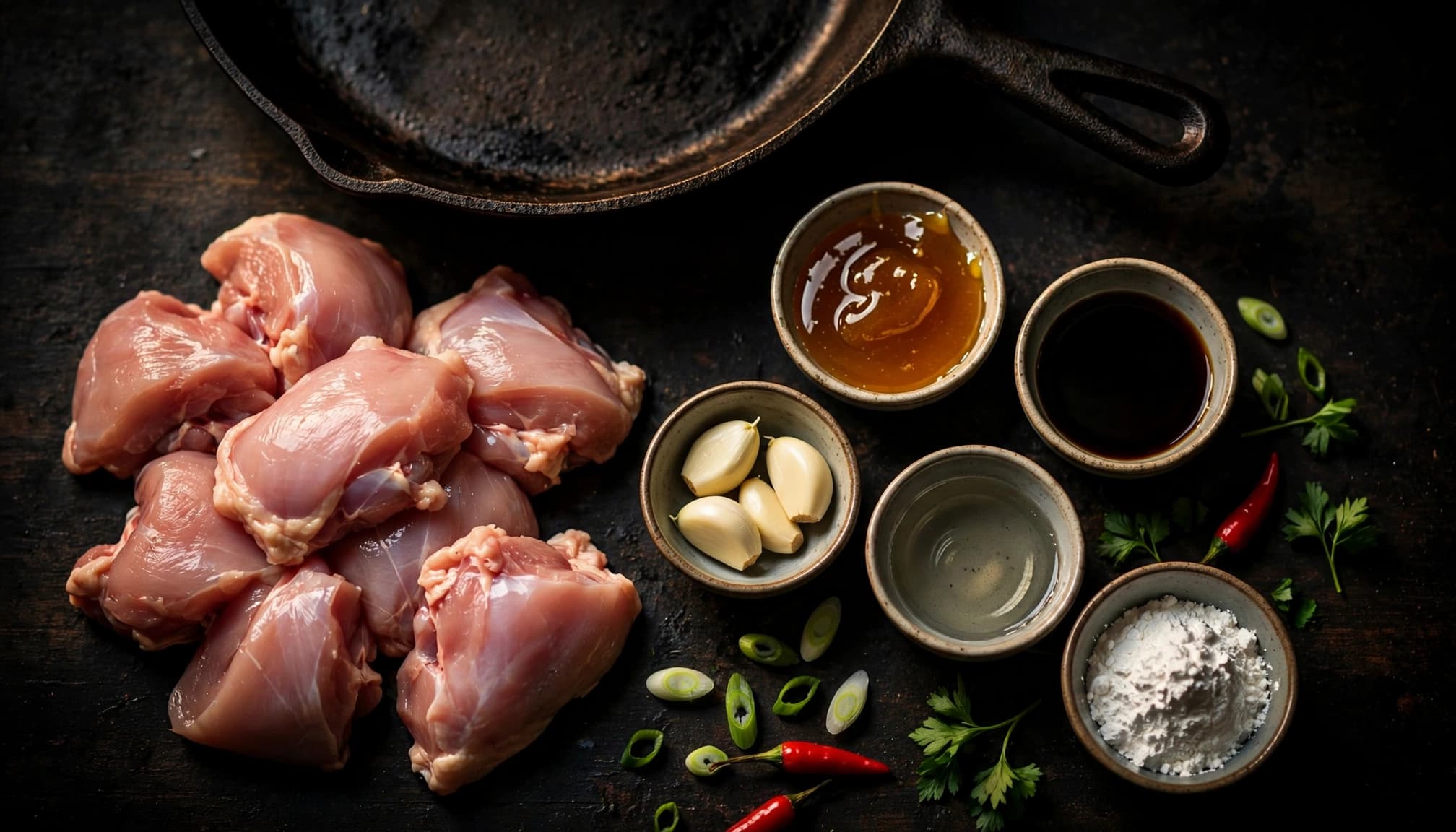 Raw chicken with bowls of honey, soy sauce, garlic, vinegar, and cornstarch.
