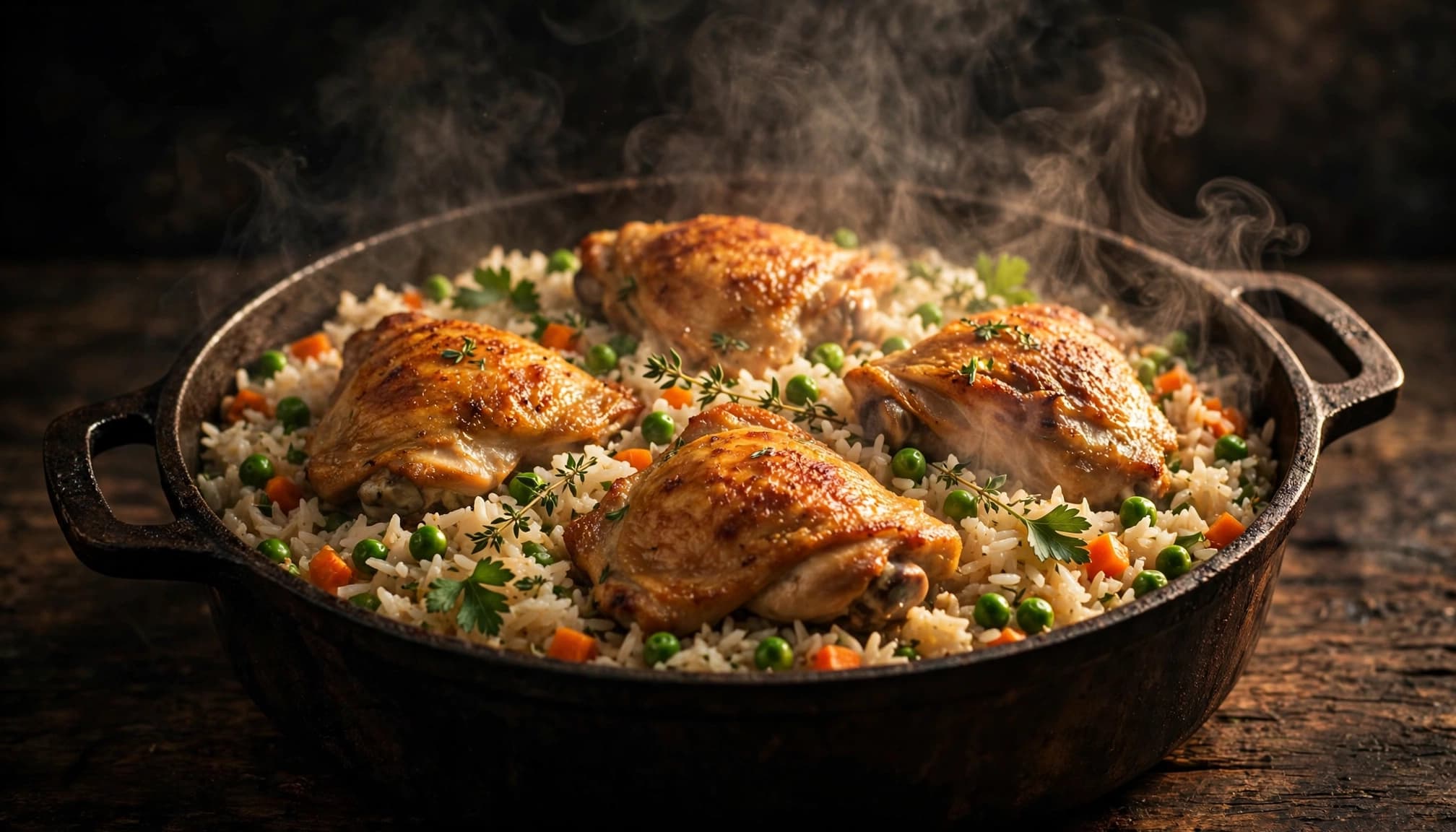 Chicken thighs, rice, carrots, and peas in a steaming serving dish.