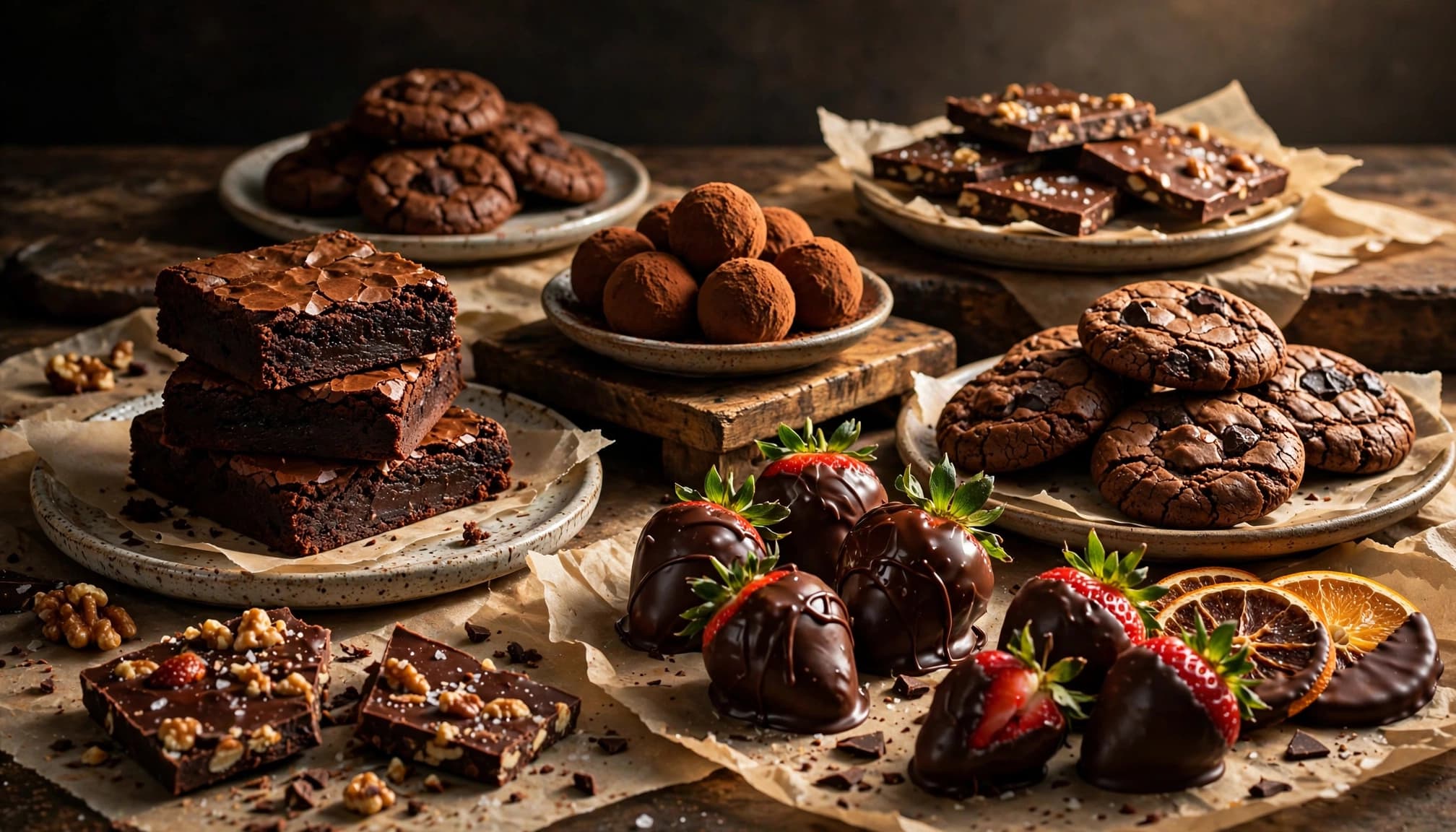Chocolate brownies, truffles, bark, and dipped fruit arranged on a rustic kitchen counter.