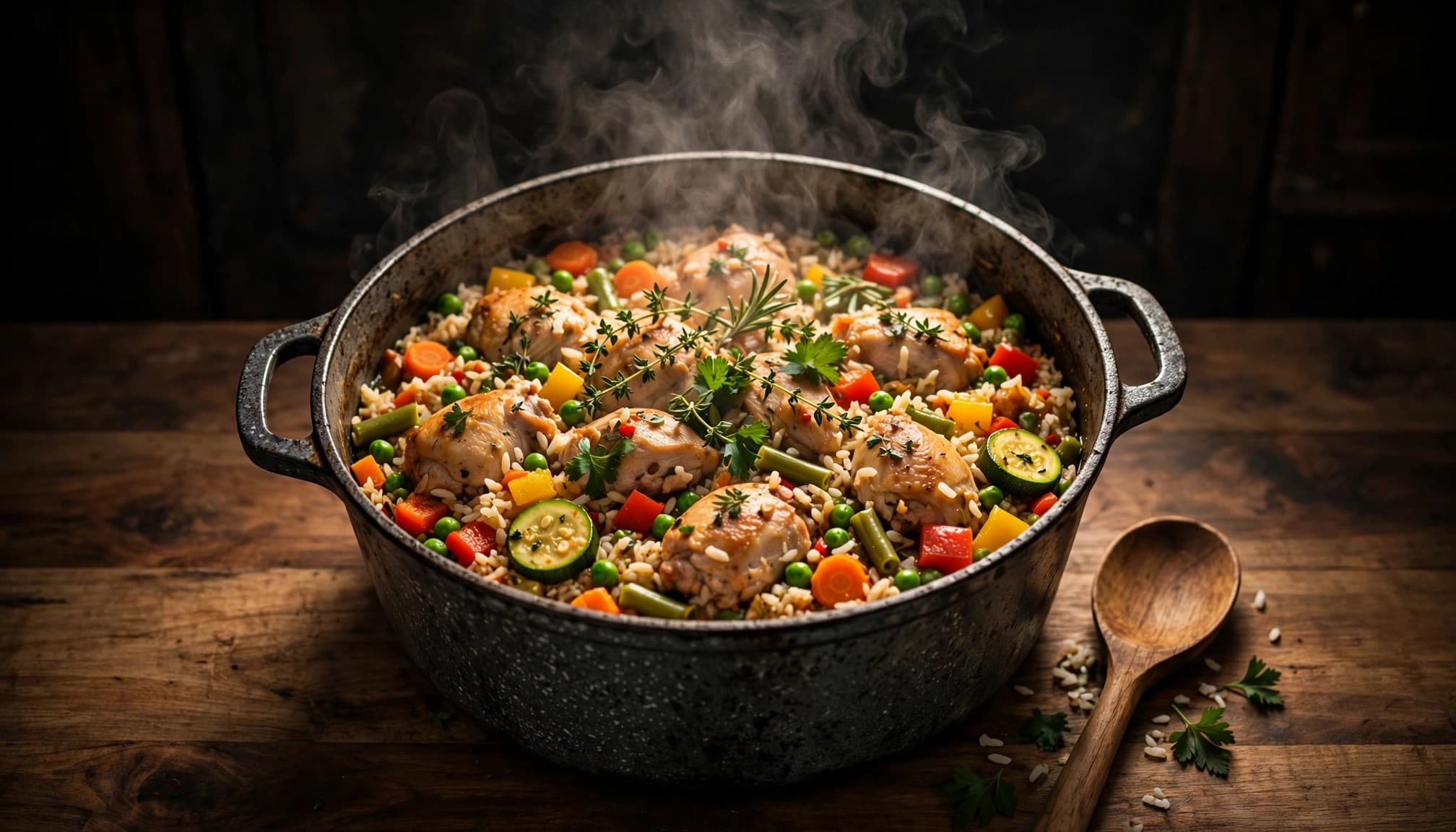 A steaming Dutch oven filled with chicken, rice, vegetables, and herbs beside a serving spoon.