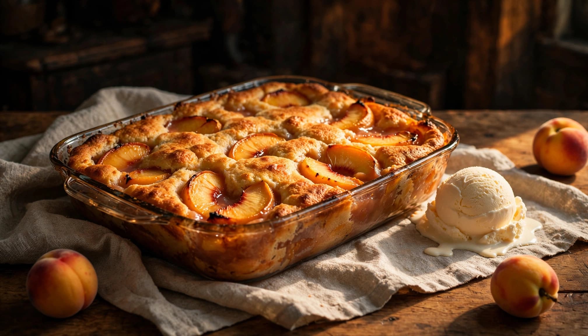 Golden peach cobbler with peach slices and vanilla ice cream on a rustic table.