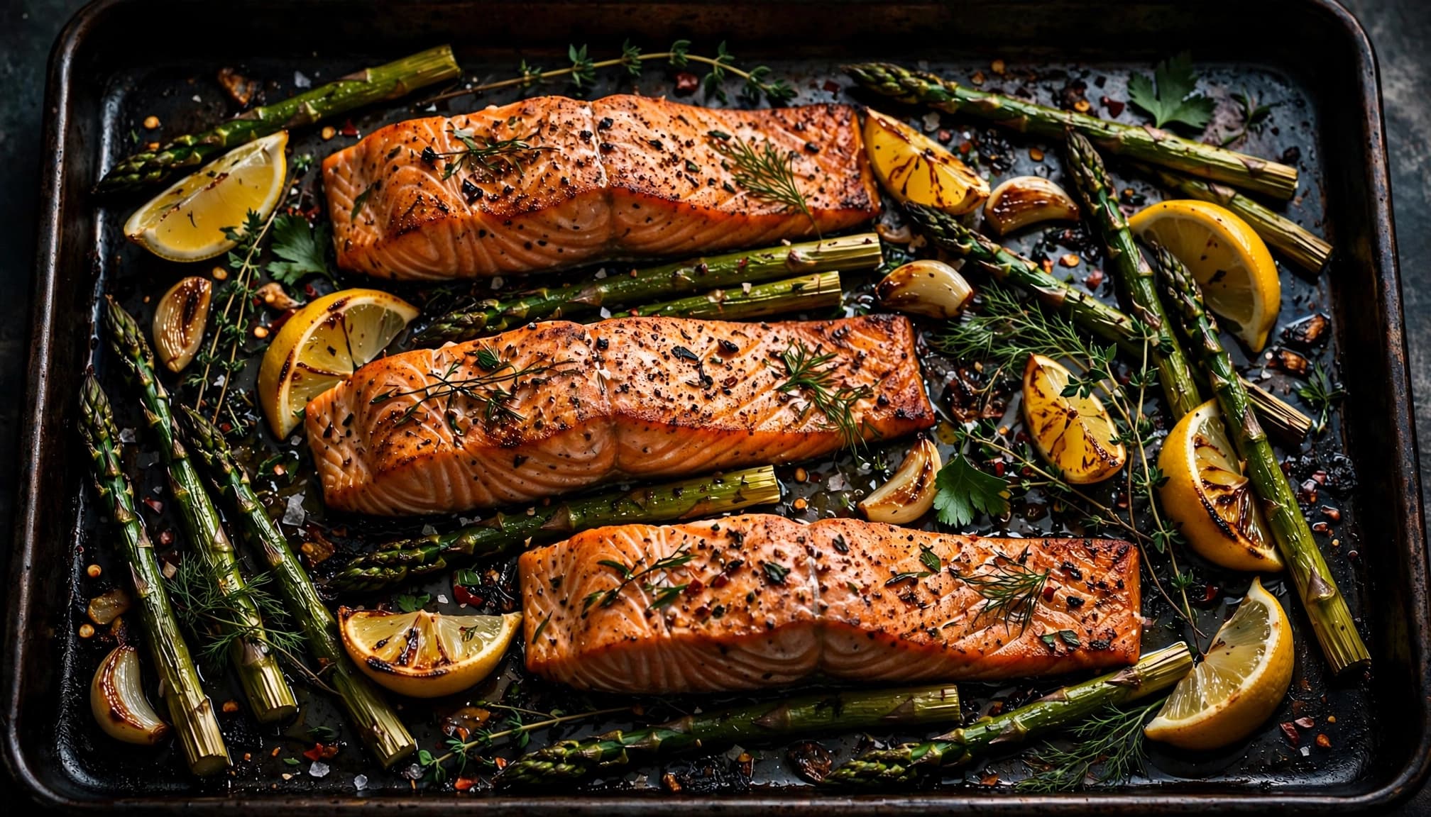 Roasted salmon, asparagus, lemon wedges, and herbs arranged on one dark sheet pan.