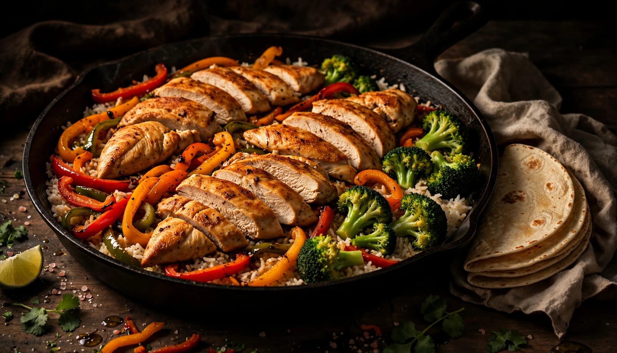 Skillet chicken with peppers, rice, broccoli, and tortillas on a kitchen table.