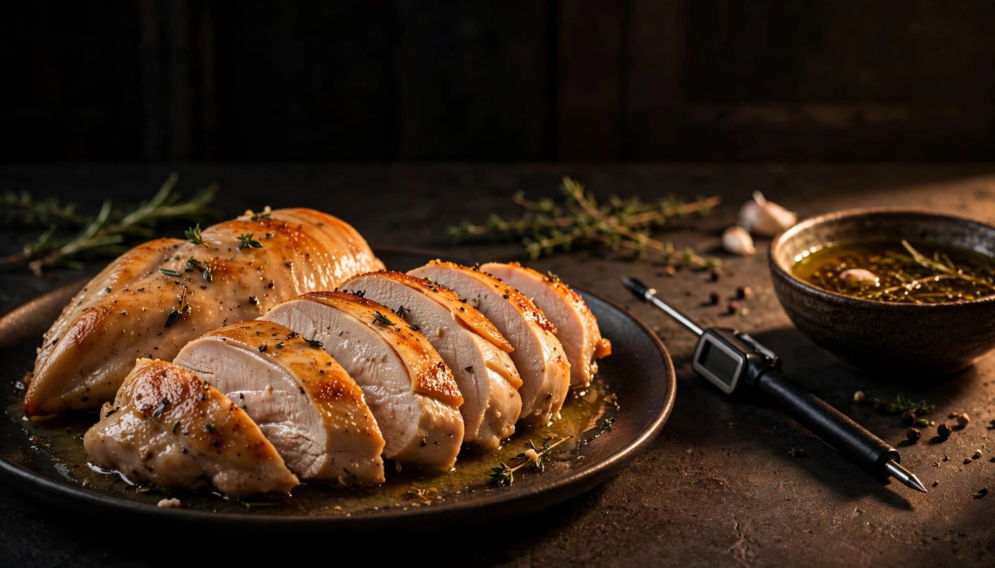 Sliced chicken breast with a thermometer and marinade bowl on a dark kitchen counter.