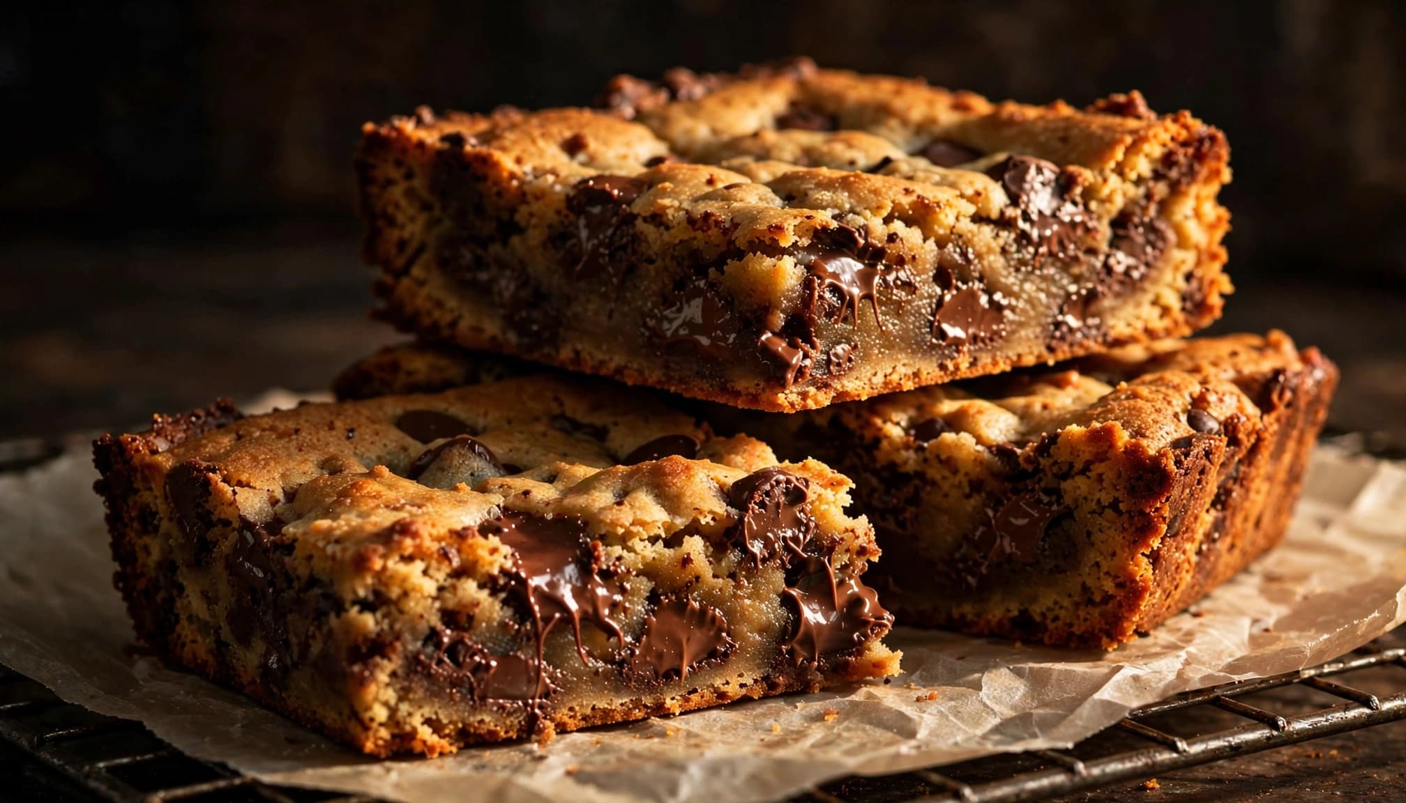 Stacked chocolate chip cookie bars with crisp edges and a soft, melted chocolate center.