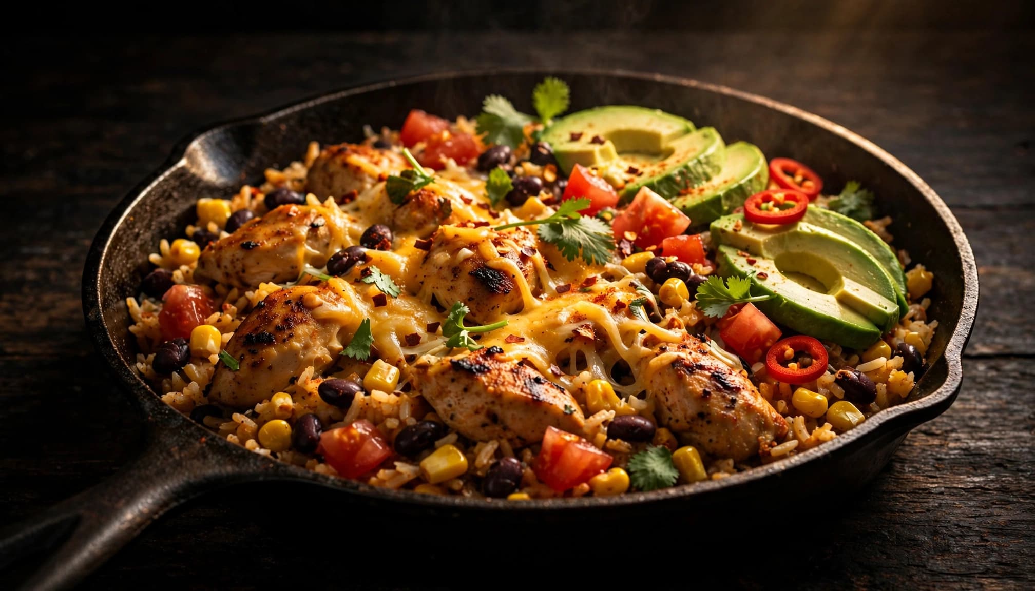 A skillet of chicken, rice, cheese, beans, corn, tomatoes, and avocado.
