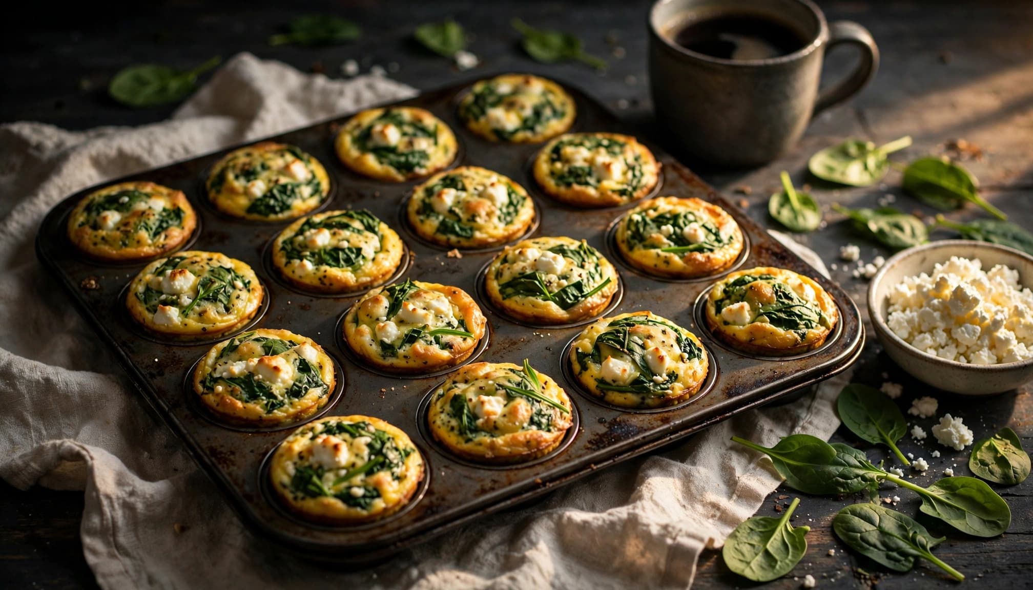 Twelve spinach and feta egg muffins in a pan on a rustic breakfast table.