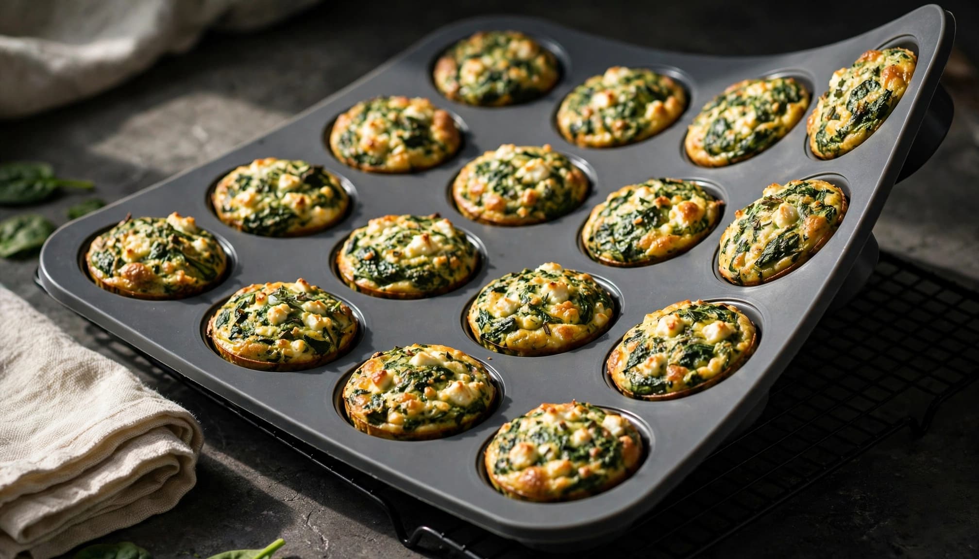 Twelve spinach and feta egg muffins lift cleanly from a silicone pan.