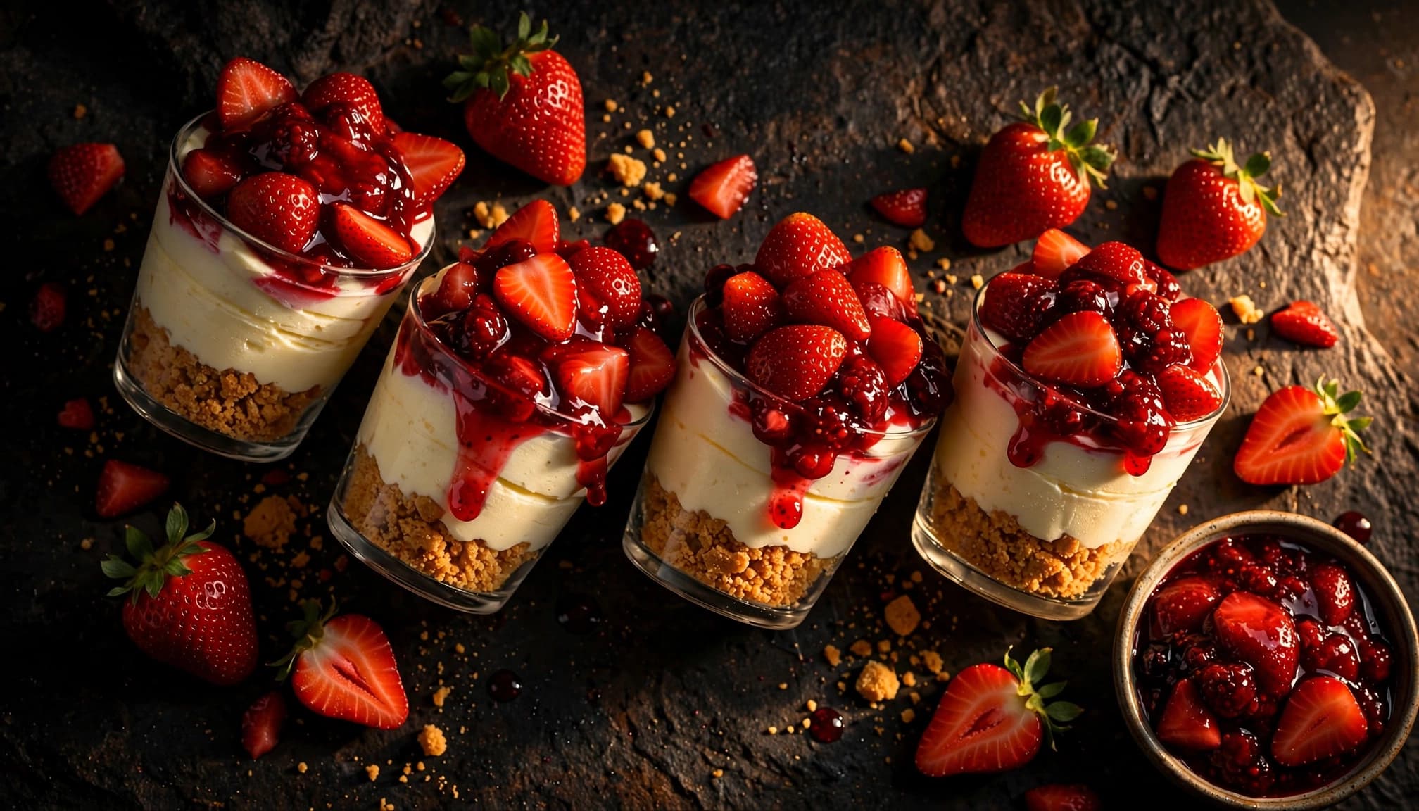 Four layered cheesecake cups topped with strawberries on a dark stone surface.