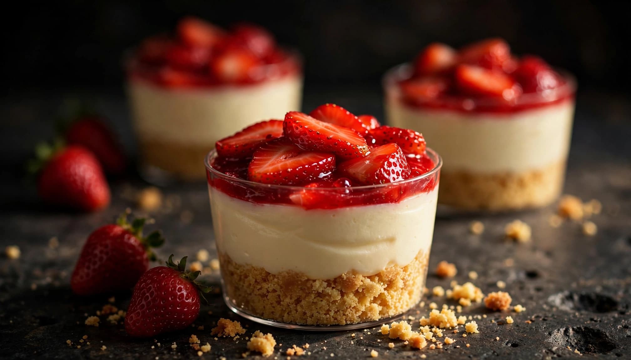 A layered strawberry cheesecake cup with two blurred cups behind it on a dark tabletop.