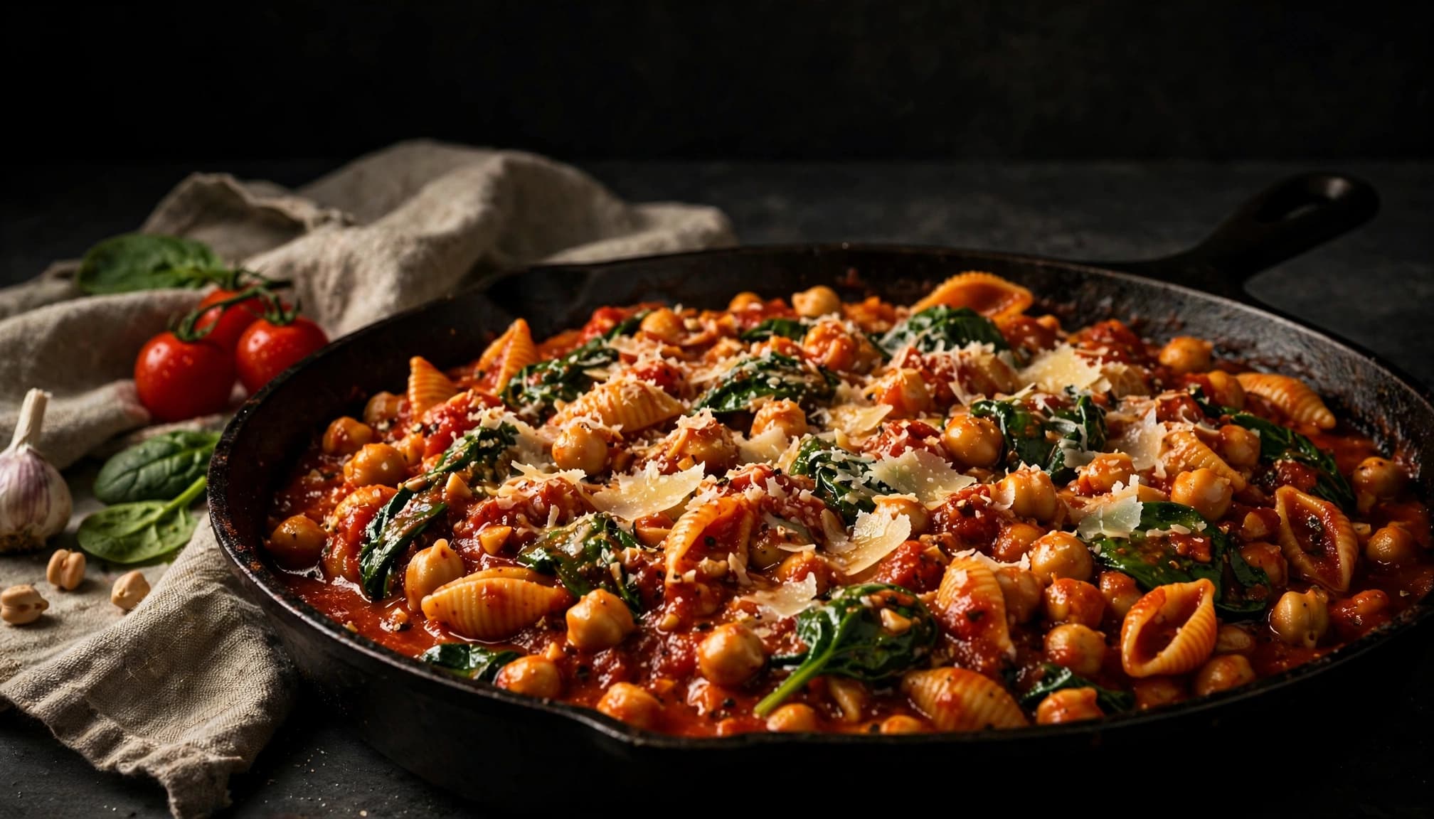 A skillet of tomato chickpea pasta with spinach and parmesan on a dark surface.
