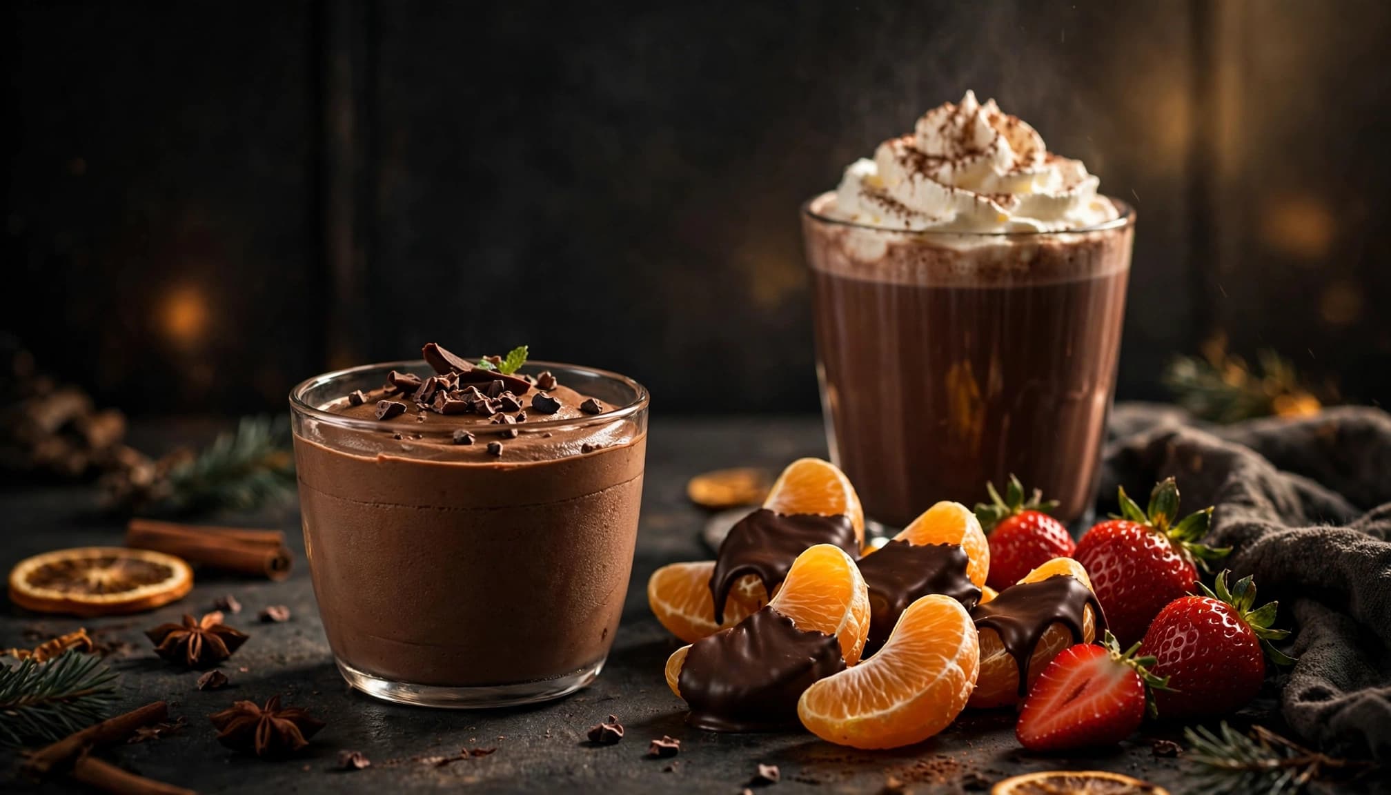 Vegan chocolate mousse, dipped oranges, strawberries, and whipped cocoa on a dark table.