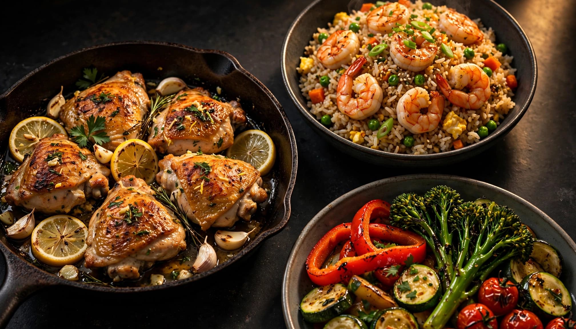 Three skillet dinners with chicken, shrimp fried rice, and vegetables on a dark kitchen table.